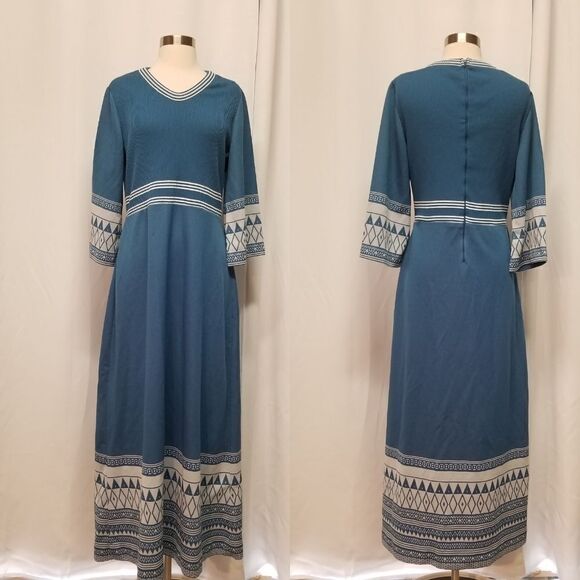 Vintage 70s Polyester Sears Union Made A Line Geometric Flowy Blue Maxi Dress - Picture 1 of 9